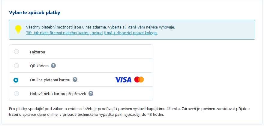 Volba možnosti platby kartou